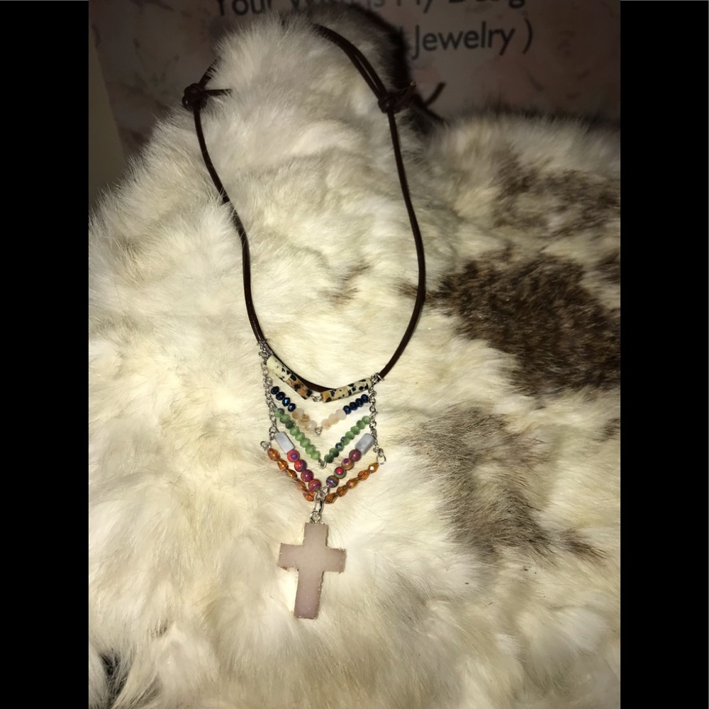 Multi glass beading genuine leather choker